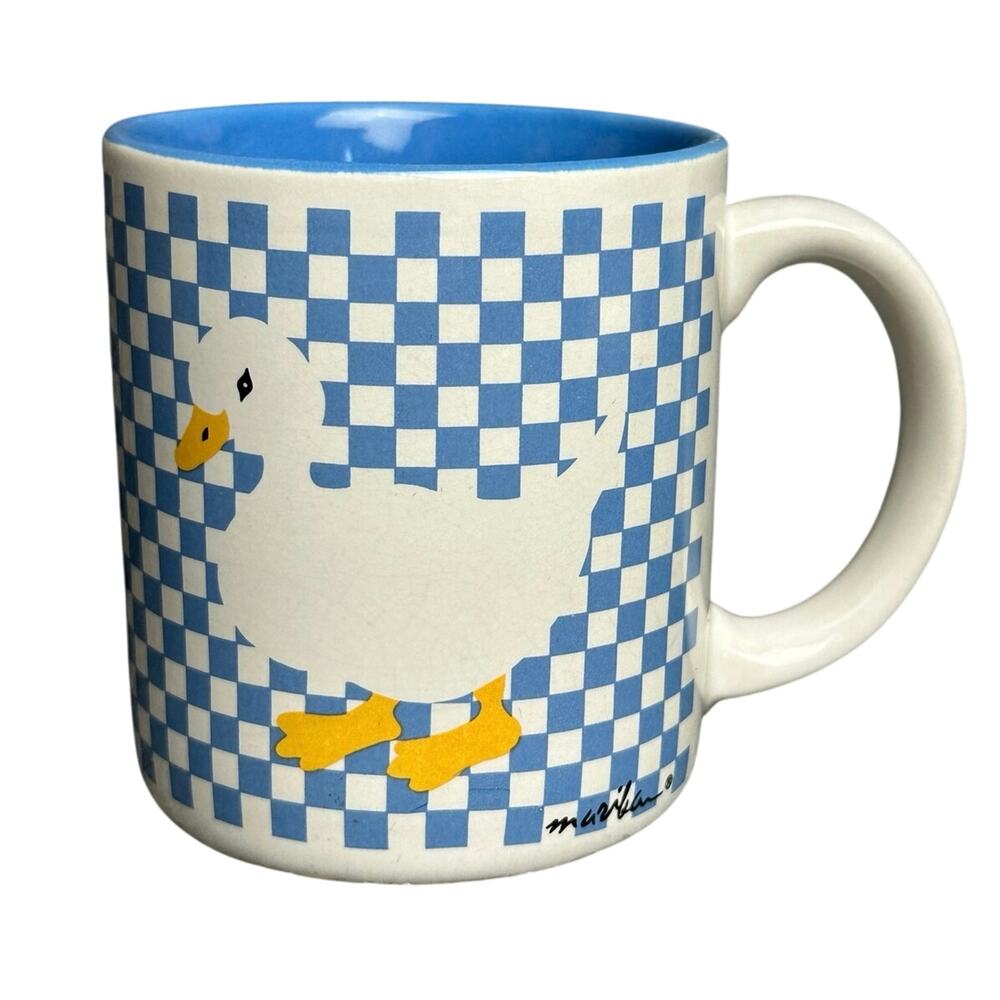 Vintage 90s Mariban country duck goose mug blue checkerboard gingham cottagecore